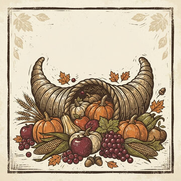 Vintage Thanksgiving cornucopia illustration with autumn harvest fruits, pumpkins, and leaves framed card background