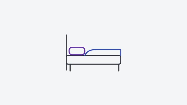 Seamless 4K looping animation of a flat hotel bed icon in blue and azure, centred on a clean light background with plenty of copy space. Simple two tone vector shapes and smooth motion. Horizontal 16: