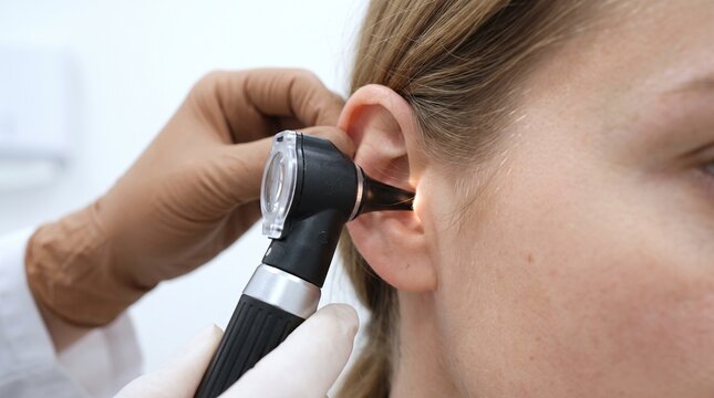 Professional doctor using an otoscope for ear examination of a female patient in clinic