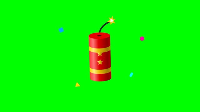 Red Firecracker with Burning Fuse and Floating Shapes on Green Screen