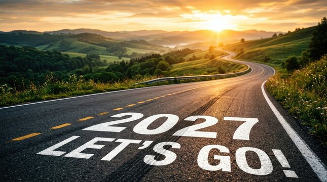 Road stretching into the sunlight with the words 2027 lets go painted on asphalt