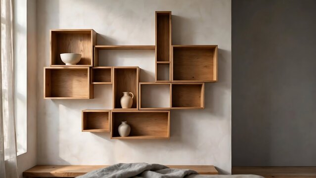 Minimal Wooden Wall Shelves With Ceramic Vases