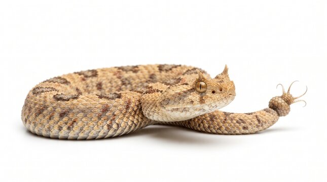 Spider tailed horned viper with tan patterned skin coiled on a solid white surface.
