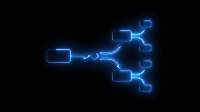 Futuristic neon line flowchart diagram. Representing system workflow, data processing, and modern technology architecture. Block diagram concept.Flowchart icon with directional arrows.