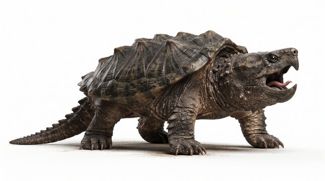 Alligator snapping turtle opens its powerful jaws while walking on a clean white surface.