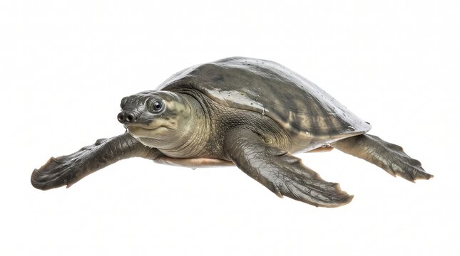 Pig-nosed turtle isolated against a clean white background.
