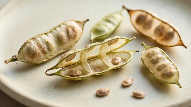 Open Dried Seed Pods With Loose Seeds on Plate