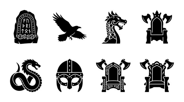 Viking symbols set with rune stone, raven, dragon and thrones