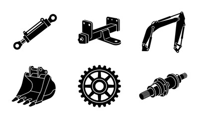 Construction machine parts set with hydraulic cylinder, bucket, boom arm, gear and shaft, industry © Rita