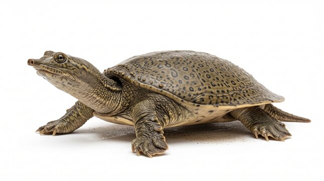  Spiny softshell turtle walking forward on a plain white surface with patterned carapace.