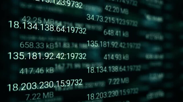 IP addresses and transfer rates in a shell console. Network diagnostics, server log and traffic monitoring