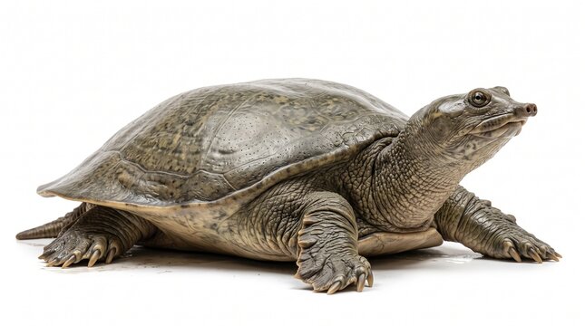Chinese giant softshell turtle features a leathery flattened carapace and a distinctive elongated snout posed on a stark white backdrop.