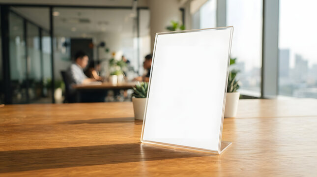 Blank white sign on a wooden table in a modern office