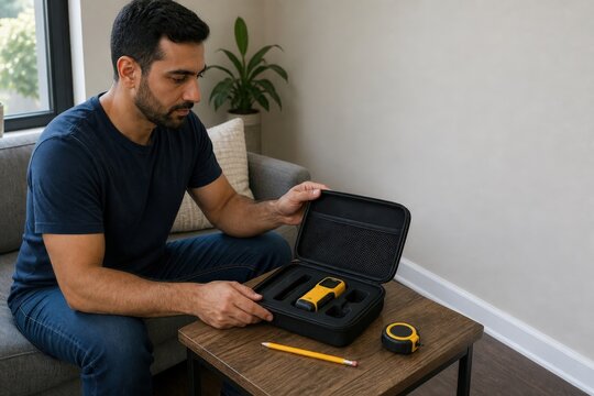 Community Tool Library - Member Opens a Borrowed Stud Finder Kit at Home