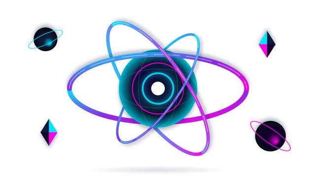 Modern science atom model spinning with glowing neon orbit rings in motion
