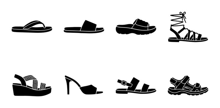 Footwear silhouettes set with flip-flops, sandals and heels for summer fashion, logo or signage