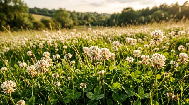 White Clover Meadow in Golden Hour Sunlight