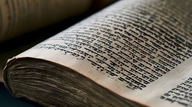 Close up of an ancient book with Hebrew text  showing worn pages and detailed script under soft lighting