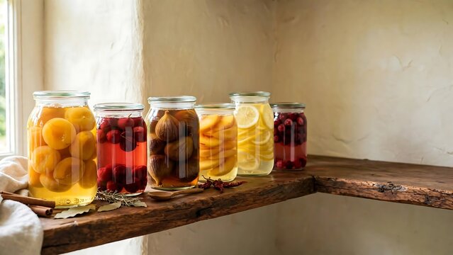 Homemade Preserved Fruits in Glass Jars on Rustic Shelf