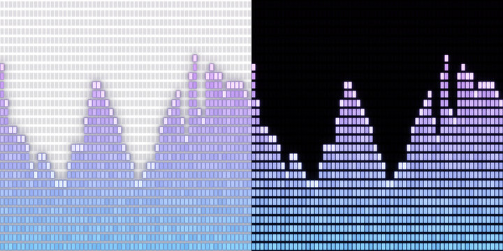 Abstract digital sound wave equalizer bars in blue and purple colors showing rhythmic audio frequency music visualizer