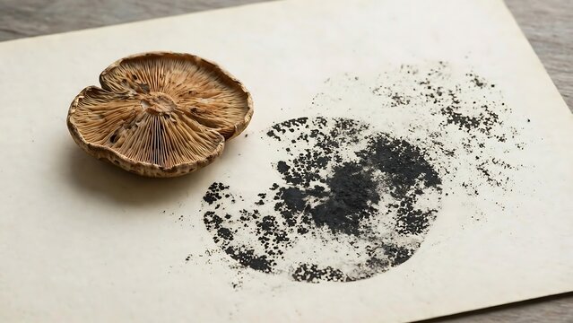 Mushroom Cap Beside Dark Spore Print on White Paper