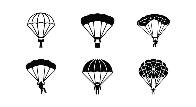 Six parachute silhouettes depict aerial descent in a vector style