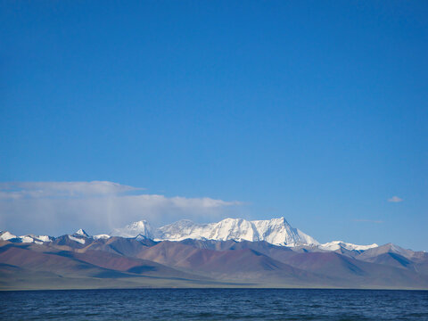Stunning mountain range with snow-capped peaks under clear blue sky