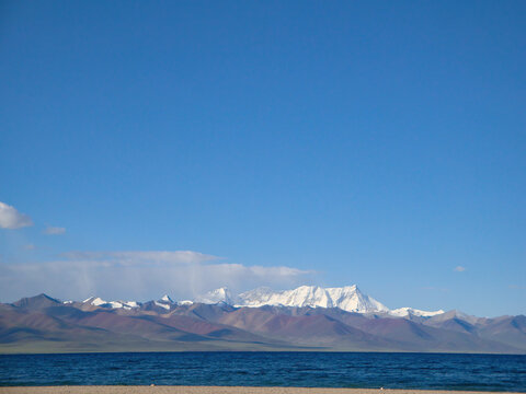 Stunning mountain range with snow-capped peaks under clear blue sky