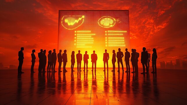 Silhouettes of business professionals standing before a giant orange data projection screen under a dramatic red sunset sky