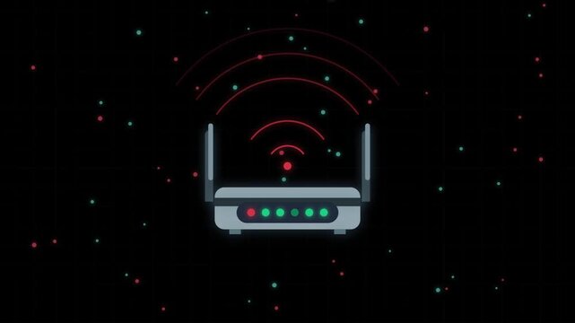 Digital wireless router icon with glowing signal waves on dark background