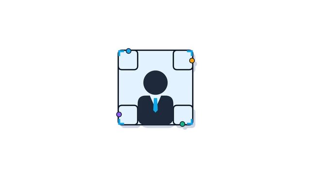 A graphic icon depicting a professional person's silhouette within a blue square, surrounded by cropping or framing tools at the corners, on a white background.
