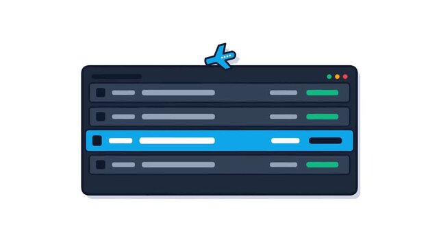 A modern dark-themed user interface with multiple data rows and a highlighted blue selection, featuring a small blue paper airplane icon.