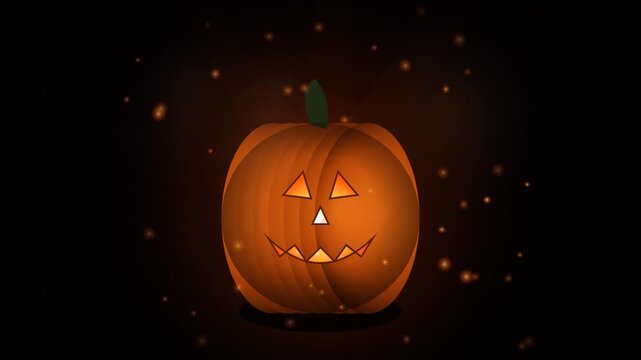 Glowing jack o lantern pumpkin animated with magical floating particles on dark background.
