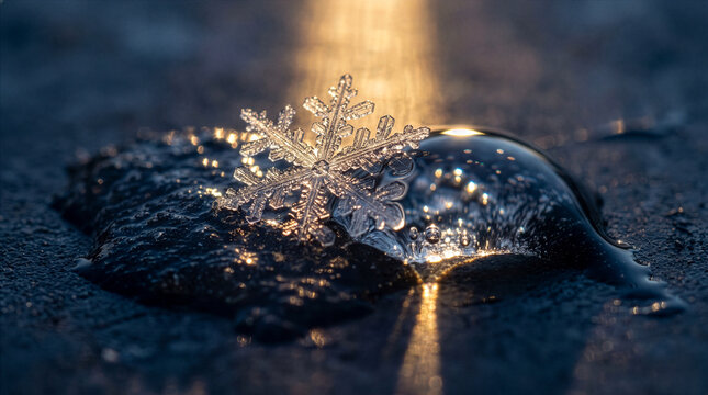 Extreme macro of a detailed snowflake melting into a water drop