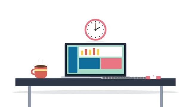 Flat design workspace animation with computer, clock, and coffee cup