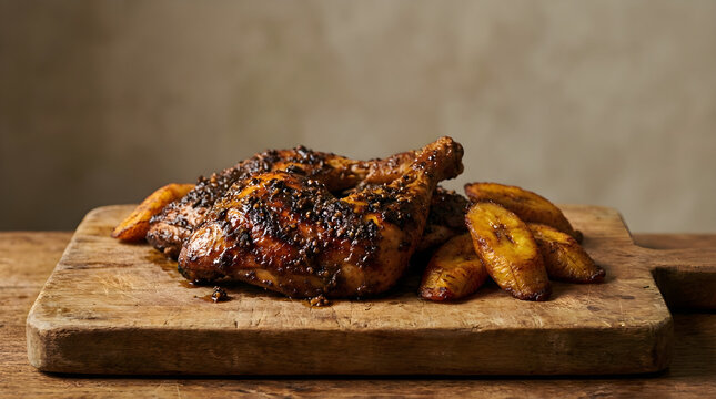 Delicious grilled chicken thighs with crispy roasted potatoes on a wooden board.