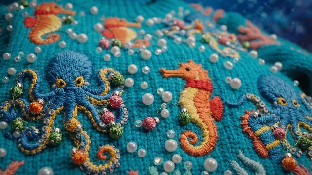 Oceanic Embroidery Seahorse and Octopuses on Teal Knit