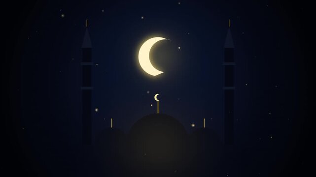 Minimalist mosque silhouette under crescent moon and star against dark sky motion graphic.