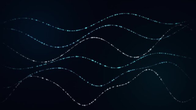 Abstract flowing light particles creating smooth wavy lines on dark background movement.