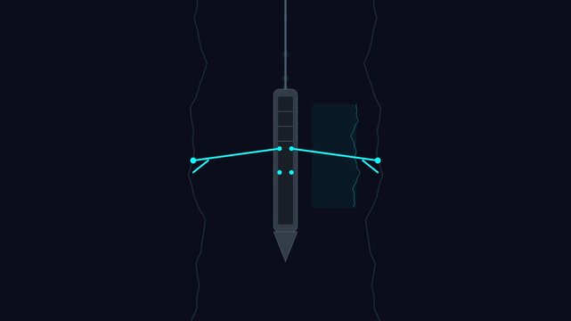 Automated Borehole Caliper Logging Sonde with Cyan Spring-Loaded Arms Tracing Irregular Borehole Walls