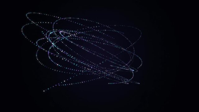 Abstract digital data orbits with glowing particles rotating over black background loop.
