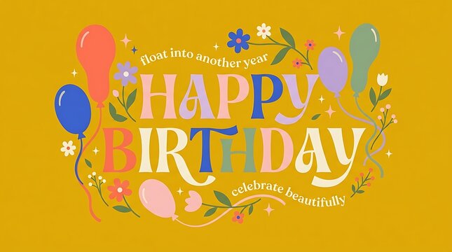 Happy Birthday greeting card design with colorful balloons and floral