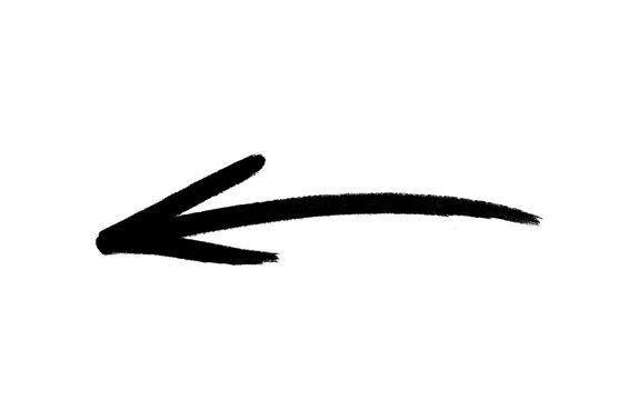 Hand drawn black brush stroke bold arrow pointing left with rough textured head, black ink grunge direction pointer symbol isolated on white background, design element for infographic, presentation