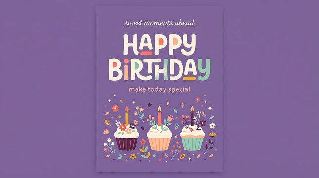 Happy Birthday greeting card design with colorful cupcakes and floral