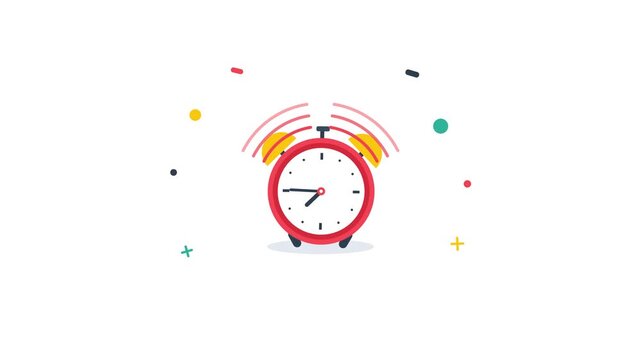 Animated ringing red alarm clock with spinning hands and confetti isolated 