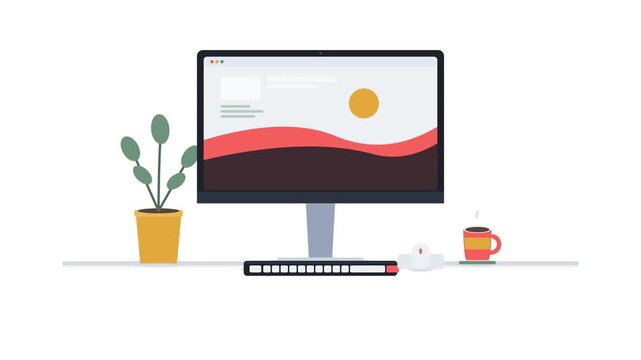 Flat design animation of a modern computer workspace with plant and coffee 