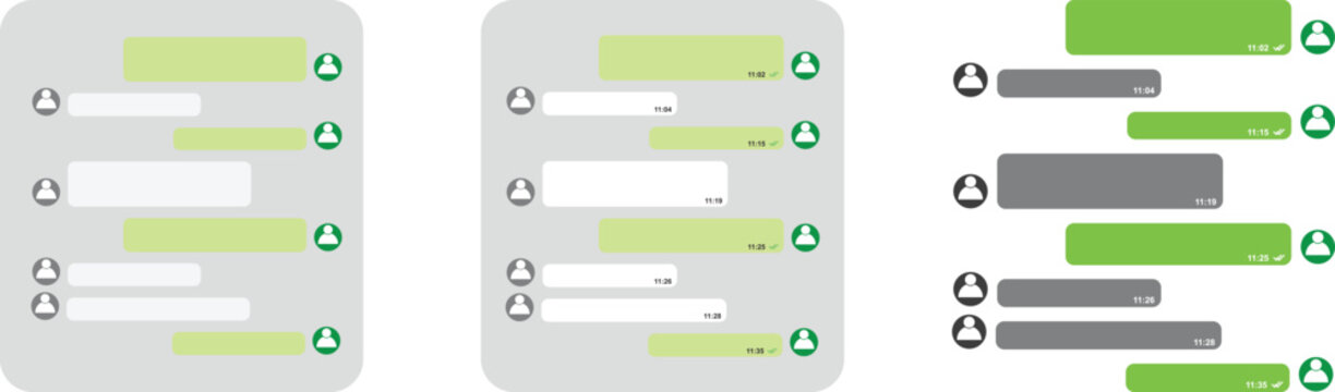 Messaging interface screens showing chat bubble conversations with timestamps for mobile and desktop communication applications.