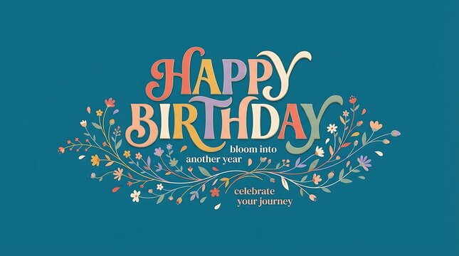 Happy Birthday floral typography greeting card design with colorful