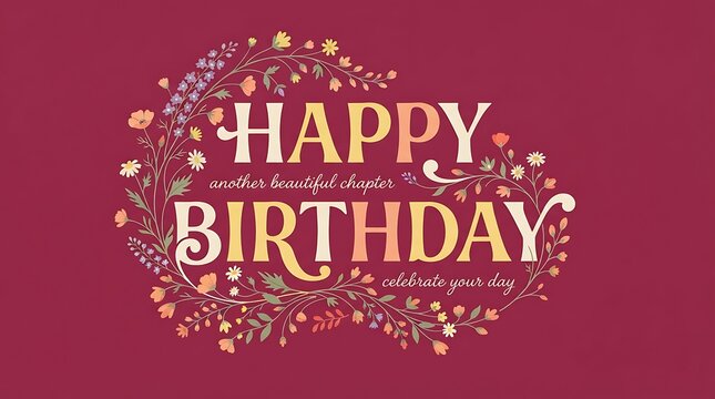 Happy Birthday floral typography greeting card design with decorative