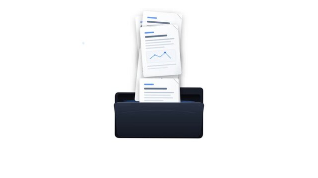 Business document management folder organizing corporate reports and financial data analysis papers on white background